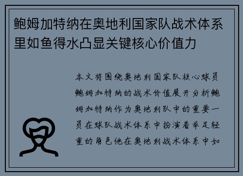 鲍姆加特纳在奥地利国家队战术体系里如鱼得水凸显关键核心价值力 鲍姆加特纳在奥地利国家队战术体系里如鱼得水凸显关键核心价值力